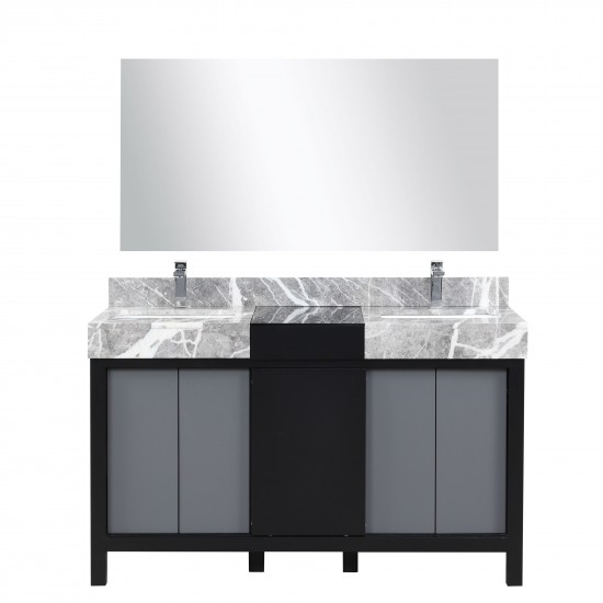 Zilara 55" Black and Grey Double Vanity, Castle Grey Marble Tops, Square Sinks, Monte Chrome Faucet Set, and 53" Mirror