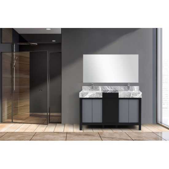 Zilara 55" Black and Grey Double Vanity, Castle Grey Marble Tops, Square Sinks, Monte Chrome Faucet Set, and 53" Mirror