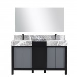 Zilara 55" Black and Grey Double Vanity, Castle Grey Marble Tops, Square Sinks, Balzani Gun Metal Faucet Sets, and 53" Mirror