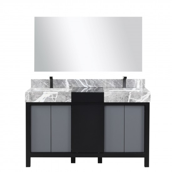 Zilara 55" Black and Grey Double Vanity, Castle Grey Marble Tops, Square Sinks, Balzani Gun Metal Faucet Sets, and 53" Mirror