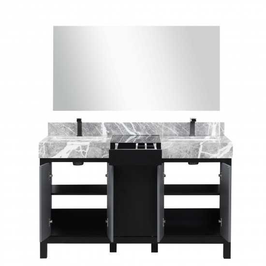 Zilara 55" Black and Grey Double Vanity, Castle Grey Marble Tops, Square Sinks, Balzani Gun Metal Faucet Sets, and 53" Mirror