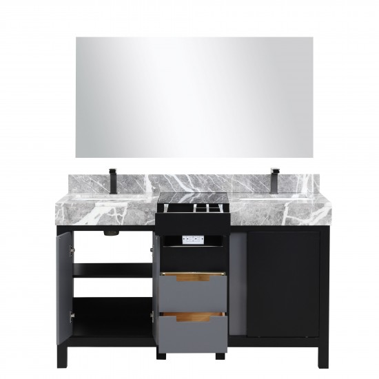 Zilara 55" Black and Grey Double Vanity, Castle Grey Marble Tops, Square Sinks, Balzani Gun Metal Faucet Sets, and 53" Mirror