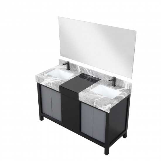 Zilara 55" Black and Grey Double Vanity, Castle Grey Marble Tops, Square Sinks, Balzani Gun Metal Faucet Sets, and 53" Mirror