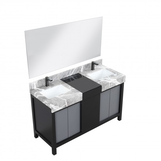 Zilara 55" Black and Grey Double Vanity, Castle Grey Marble Tops, Square Sinks, Balzani Gun Metal Faucet Sets, and 53" Mirror