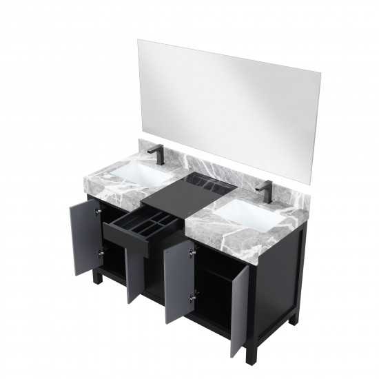 Zilara 55" Black and Grey Double Vanity, Castle Grey Marble Tops, Square Sinks, Balzani Gun Metal Faucet Sets, and 53" Mirror