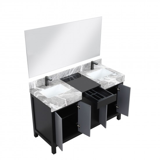 Zilara 55" Black and Grey Double Vanity, Castle Grey Marble Tops, Square Sinks, Balzani Gun Metal Faucet Sets, and 53" Mirror