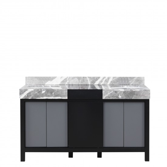 Zilara 60" Black and Grey Double Vanity, Castle Grey Marble Tops, and White Square Sinks