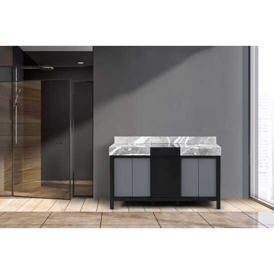 Zilara 60" Black and Grey Double Vanity, Castle Grey Marble Tops, and White Square Sinks