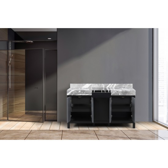 Zilara 60" Black and Grey Double Vanity, Castle Grey Marble Tops, and White Square Sinks