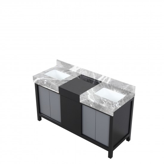 Zilara 60" Black and Grey Double Vanity, Castle Grey Marble Tops, and White Square Sinks