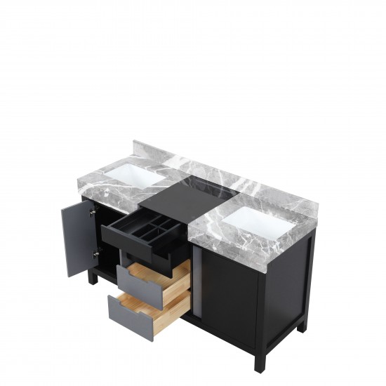 Zilara 60" Black and Grey Double Vanity, Castle Grey Marble Tops, and White Square Sinks