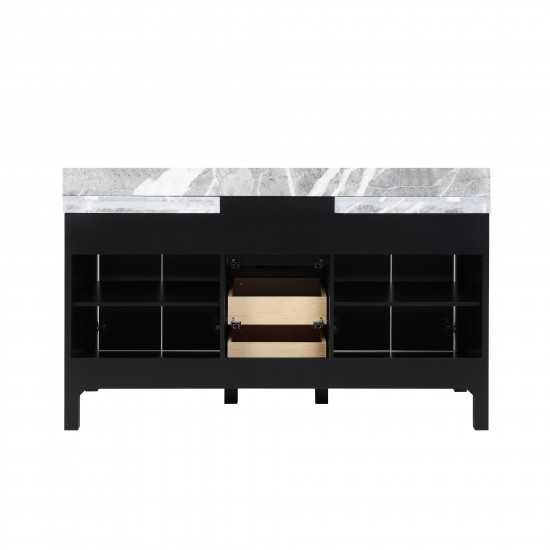 Zilara 60" Black and Grey Double Vanity, Castle Grey Marble Tops, and White Square Sinks