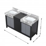 Zilara 60" Black and Grey Double Vanity, Castle Grey Marble Tops, and White Square Sinks