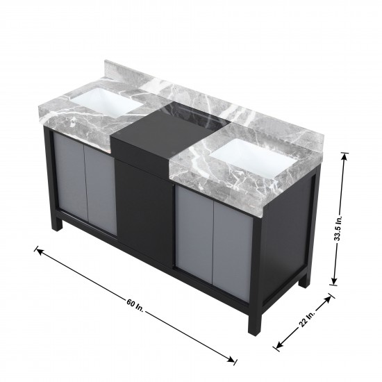 Zilara 60" Black and Grey Double Vanity, Castle Grey Marble Tops, and White Square Sinks