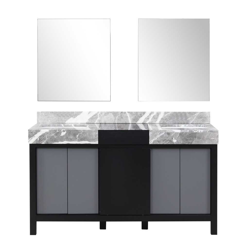 Zilara 60" Black and Grey Double Vanity, Castle Grey Marble Tops, White Square Sinks, and 28" Frameless Mirrors