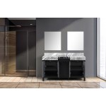 Zilara 60" Black and Grey Double Vanity, Castle Grey Marble Tops, White Square Sinks, and 28" Frameless Mirrors