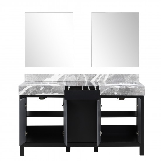 Zilara 60" Black and Grey Double Vanity, Castle Grey Marble Tops, White Square Sinks, and 28" Frameless Mirrors