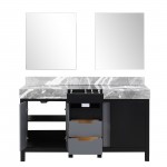 Zilara 60" Black and Grey Double Vanity, Castle Grey Marble Tops, White Square Sinks, and 28" Frameless Mirrors