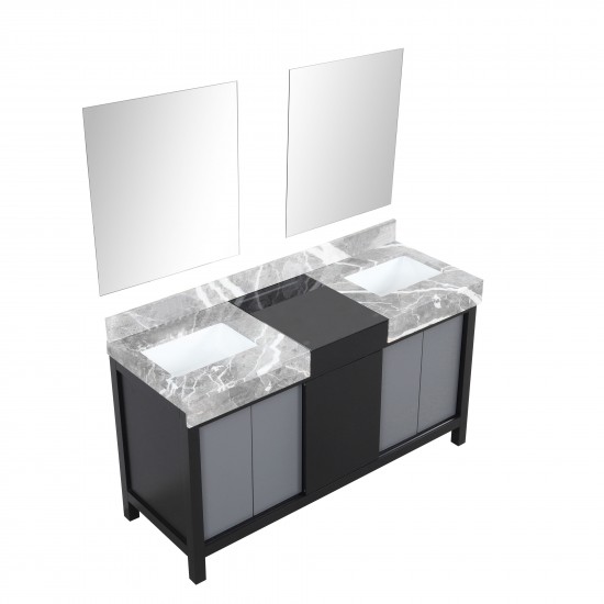 Zilara 60" Black and Grey Double Vanity, Castle Grey Marble Tops, White Square Sinks, and 28" Frameless Mirrors