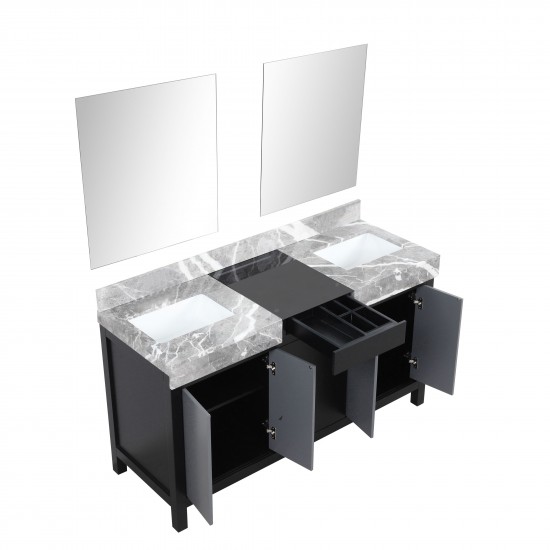 Zilara 60" Black and Grey Double Vanity, Castle Grey Marble Tops, White Square Sinks, and 28" Frameless Mirrors