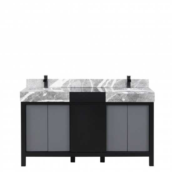 Zilara 60" Black and Grey Double Vanity, Castle Grey Marble Tops, White Square Sinks, and Cascata Nera Matte Black Faucet Set