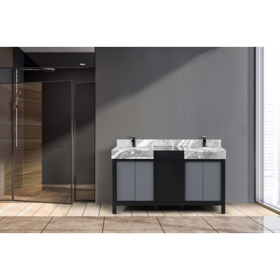 Zilara 60" Black and Grey Double Vanity, Castle Grey Marble Tops, White Square Sinks, and Cascata Nera Matte Black Faucet Set