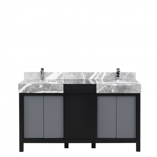 Zilara 60" Black and Grey Double Vanity, Castle Grey Marble Tops, White Square Sinks, and Monte Chrome Faucet Set