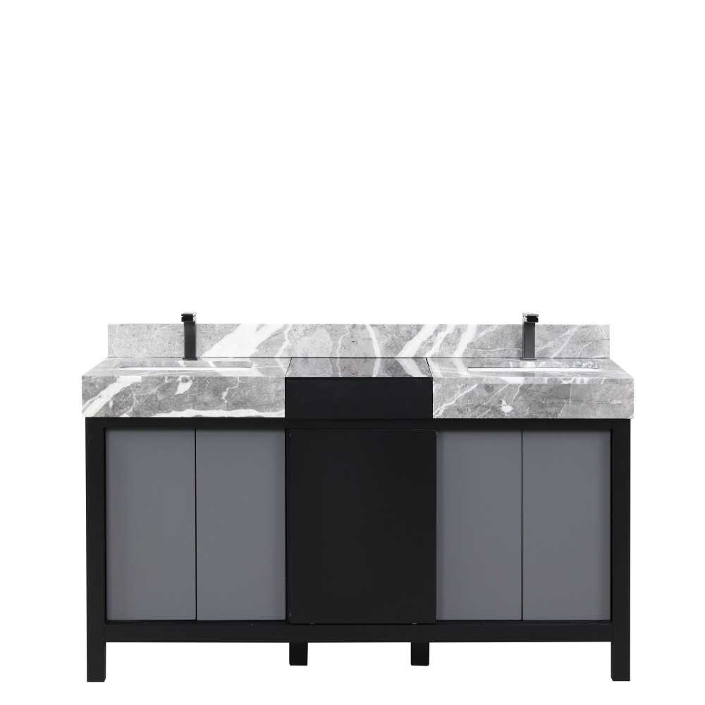 Zilara 60" Black and Grey Double Vanity, Castle Grey Marble Tops, White Square Sinks, and Balzani Gun Metal Faucet Set