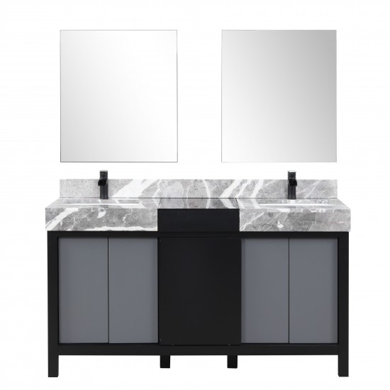 Zilara 60" Black Grey Double Vanity, Castle Grey Marble Tops, Square Sinks, Cascata Nera Matte Black Faucet Set, 28" Mirrors