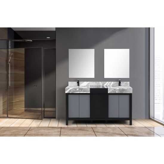 Zilara 60" Black Grey Double Vanity, Castle Grey Marble Tops, Square Sinks, Cascata Nera Matte Black Faucet Set, 28" Mirrors