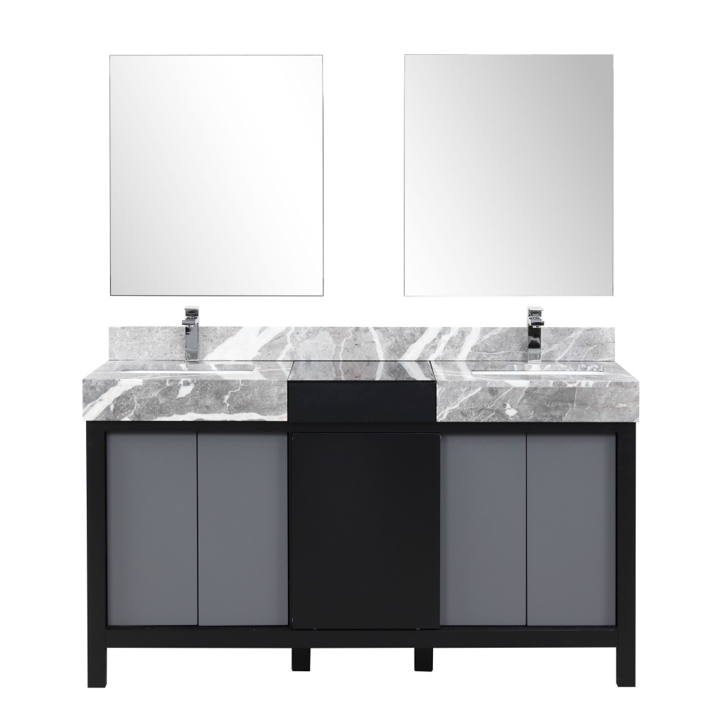 Zilara 60" Black and Grey Double Vanity, Castle Grey Marble Tops, Square Sinks, Monte Chrome Faucet Set, and 28" Mirrors