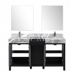 Zilara 60" Black and Grey Double Vanity, Castle Grey Marble Tops, Square Sinks, Monte Chrome Faucet Set, and 28" Mirrors