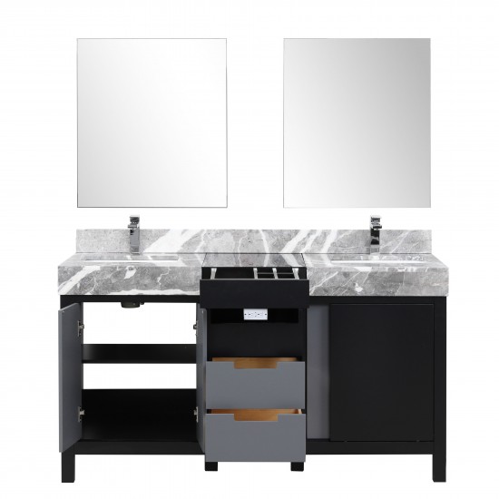 Zilara 60" Black and Grey Double Vanity, Castle Grey Marble Tops, Square Sinks, Monte Chrome Faucet Set, and 28" Mirrors