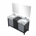 Zilara 60" Black and Grey Double Vanity, Castle Grey Marble Tops, Square Sinks, Monte Chrome Faucet Set, and 28" Mirrors