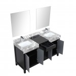 Zilara 60" Black and Grey Double Vanity, Castle Grey Marble Tops, Square Sinks, Monte Chrome Faucet Set, and 28" Mirrors