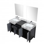 Zilara 60" Black and Grey Double Vanity, Castle Grey Marble Tops, Square Sinks, Monte Chrome Faucet Set, and 28" Mirrors