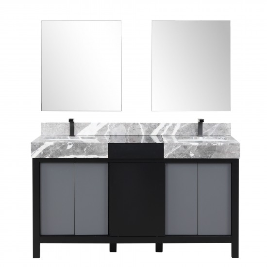 Zilara 60" Black and Grey Double Vanity, Castle Grey Marble Tops, Square Sinks, Balzani Gun Metal Faucet Set, and 28" Mirrors