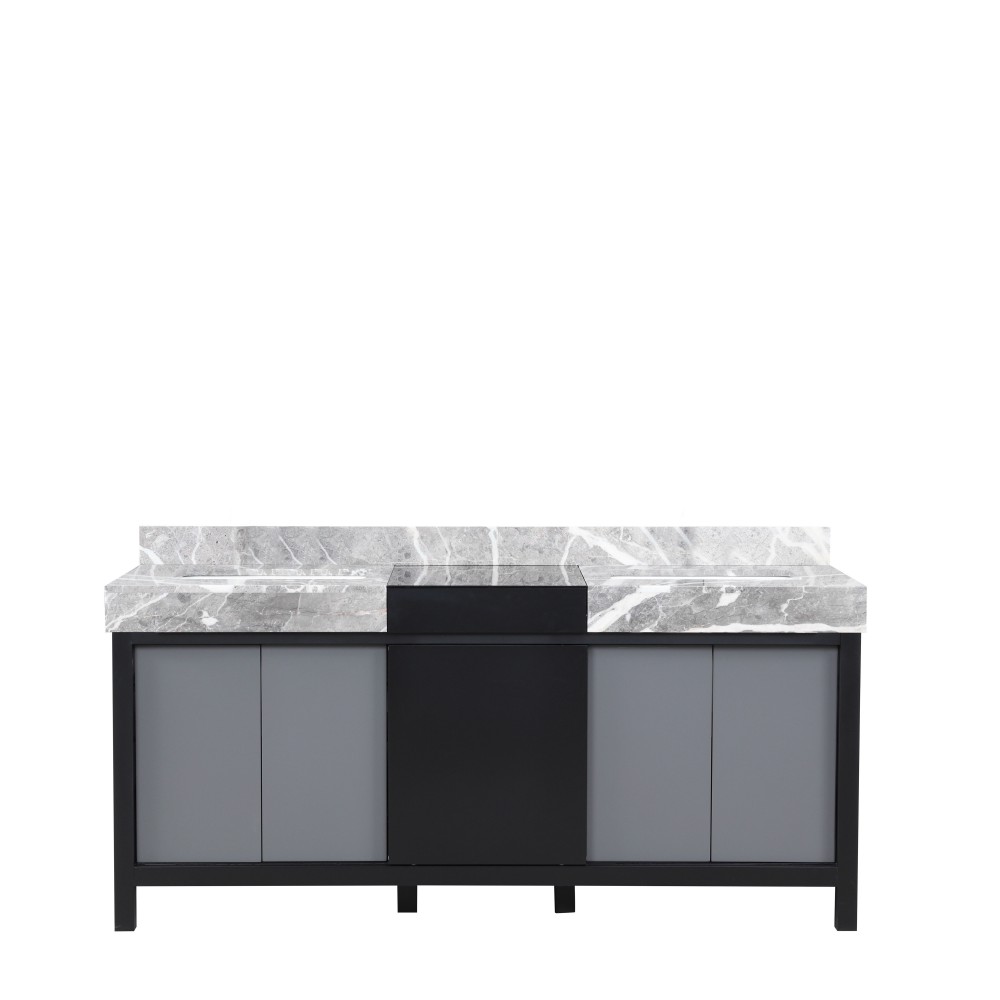 Zilara 72" Black and Grey Double Vanity, Castle Grey Marble Tops, and White Square Sinks