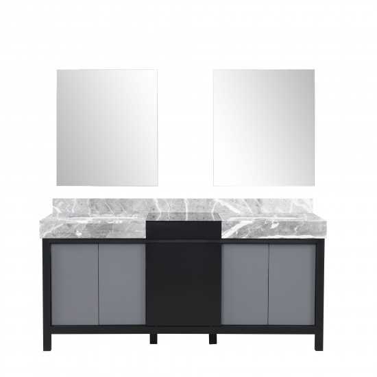 Zilara 72" Black and Grey Double Vanity, Castle Grey Marble Tops, White Square Sinks, and 28" Frameless Mirrors