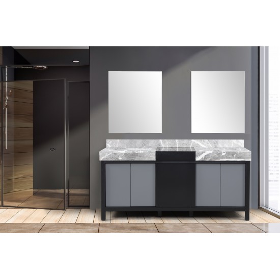 Zilara 72" Black and Grey Double Vanity, Castle Grey Marble Tops, White Square Sinks, and 28" Frameless Mirrors