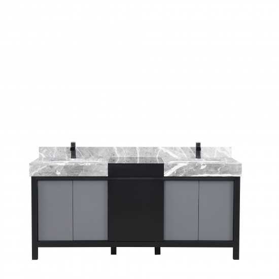 Zilara 72" Black and Grey Double Vanity, Castle Grey Marble Tops, White Square Sinks, and Cascata Nera Matte Black Faucet Set