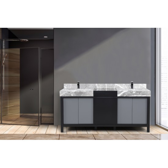 Zilara 72" Black and Grey Double Vanity, Castle Grey Marble Tops, White Square Sinks, and Cascata Nera Matte Black Faucet Set