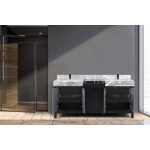 Zilara 72" Black and Grey Double Vanity, Castle Grey Marble Tops, White Square Sinks, and Cascata Nera Matte Black Faucet Set