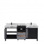 Zilara 72" Black and Grey Double Vanity, Castle Grey Marble Tops, White Square Sinks, and Cascata Nera Matte Black Faucet Set