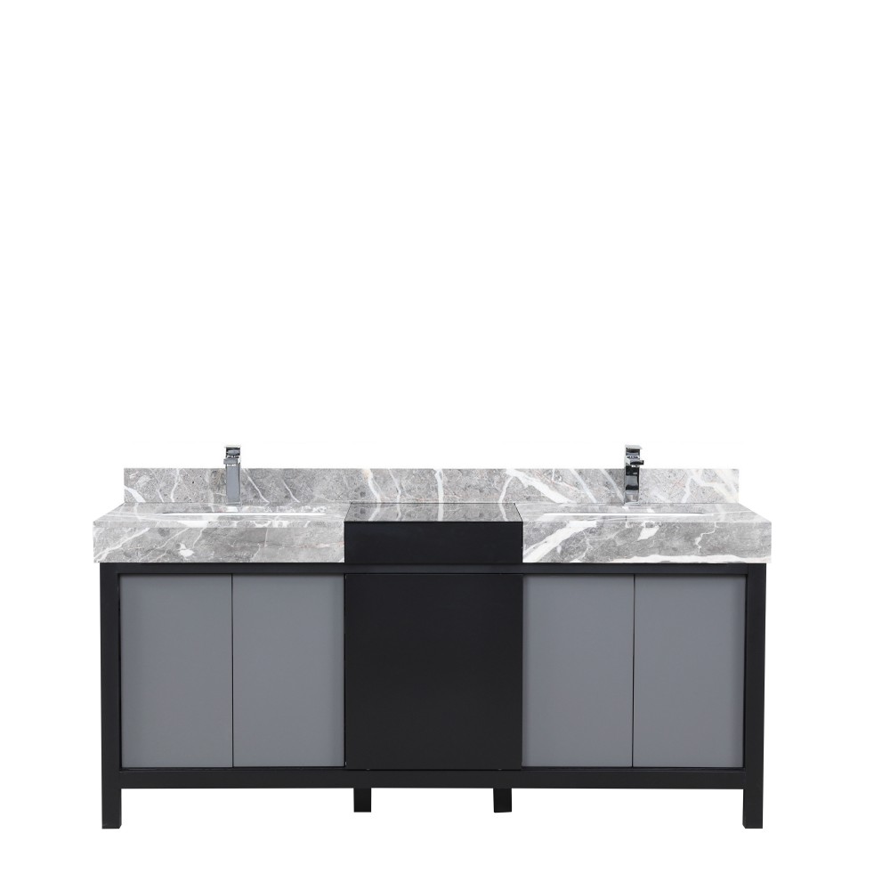 Zilara 72" Black and Grey Double Vanity, Castle Grey Marble Tops, White Square Sinks, and Monte Chrome Faucet Set