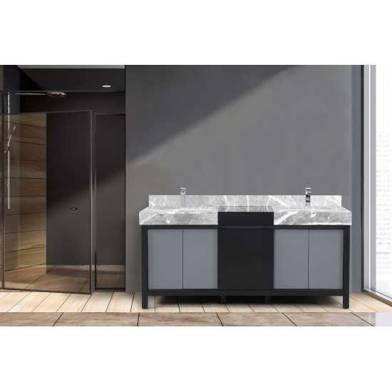 Zilara 72" Black and Grey Double Vanity, Castle Grey Marble Tops, White Square Sinks, and Monte Chrome Faucet Set