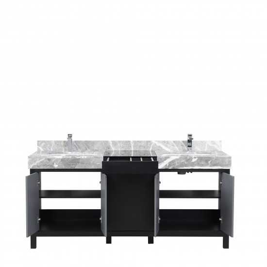 Zilara 72" Black and Grey Double Vanity, Castle Grey Marble Tops, White Square Sinks, and Monte Chrome Faucet Set