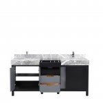 Zilara 72" Black and Grey Double Vanity, Castle Grey Marble Tops, White Square Sinks, and Monte Chrome Faucet Set