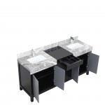 Zilara 72" Black and Grey Double Vanity, Castle Grey Marble Tops, White Square Sinks, and Monte Chrome Faucet Set