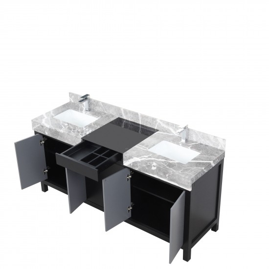 Zilara 72" Black and Grey Double Vanity, Castle Grey Marble Tops, White Square Sinks, and Monte Chrome Faucet Set